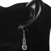 Green Agate Celtic Silver Long Drop Dangle Hook Earrings - e297
